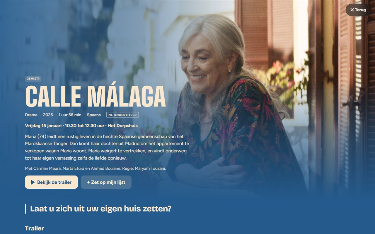 The festival page for Calle Málaga in its own blue: Carmen Maura smiling on a balcony, with the title, screening time and plot