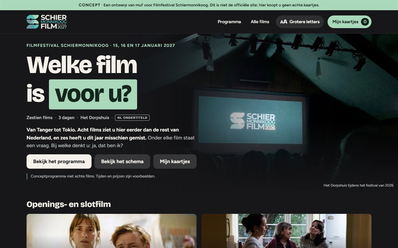 The festival home page: the festival logo and a photo of a full cinema hall with the line Welke film is voor u?