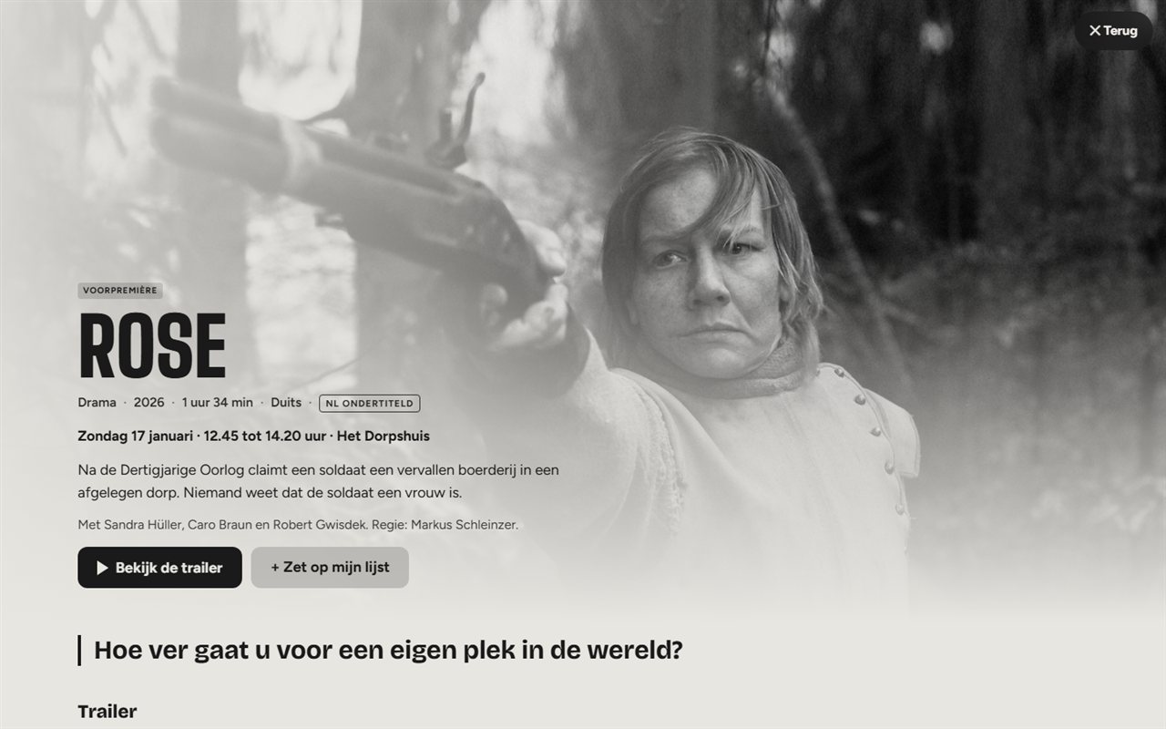 The festival page for Rose: a black-and-white still of Sandra Hüller holding a rifle, with the title, screening time and trailer button