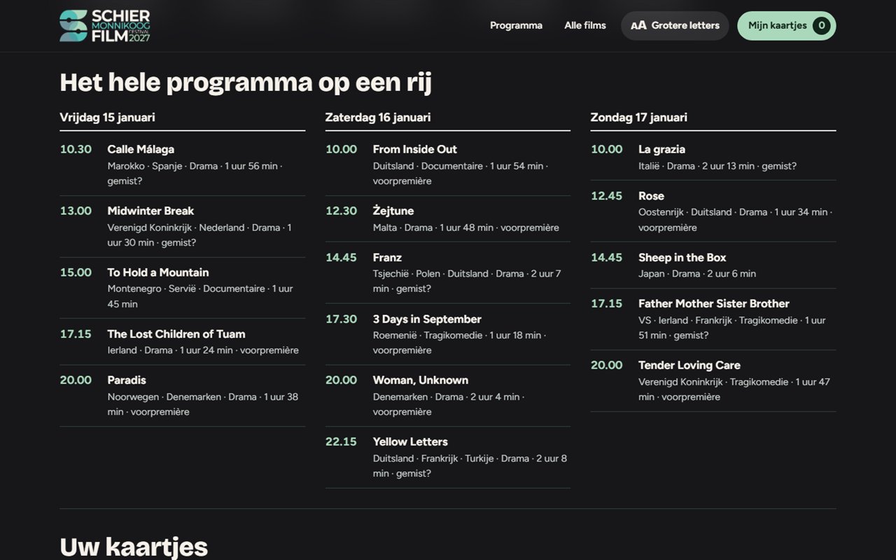 The whole festival programme at a glance: three columns for Friday, Saturday and Sunday with times, titles, countries and runtimes