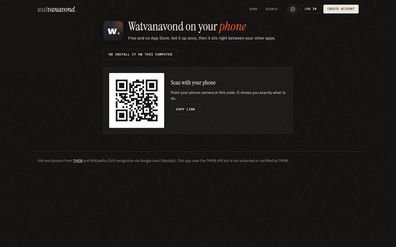 The Watvanavond app page: Watvanavond on your phone, with a QR code to scan and an option to install it on the computer