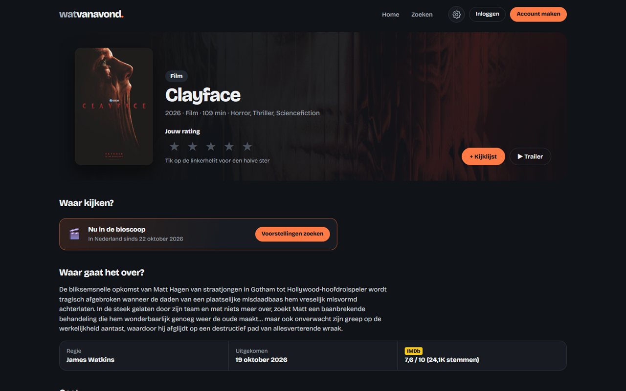 The Watvanavond page for Clayface: poster, rating stars, watchlist and trailer buttons, where to watch it and the plot