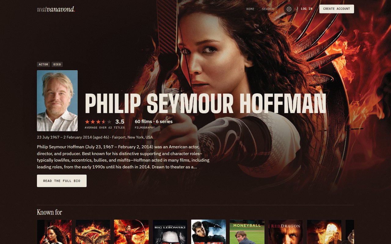 The Watvanavond page for Philip Seymour Hoffman: his name over a Hunger Games still, portrait, average rating, filmography, a short bio and a row of posters he is known for