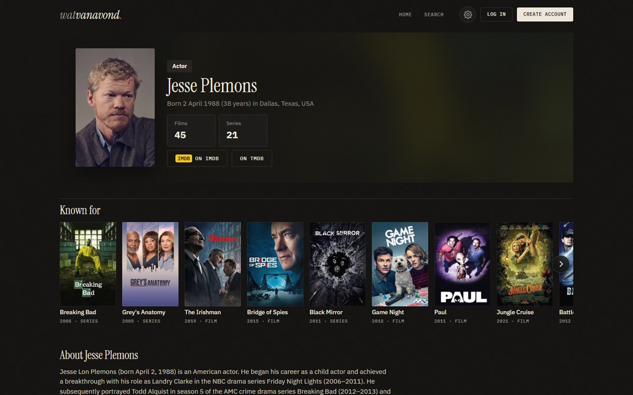 The Watvanavond page for Jesse Plemons: portrait, number of films and series, links to IMDb and TMDB, and a row of posters he is known for