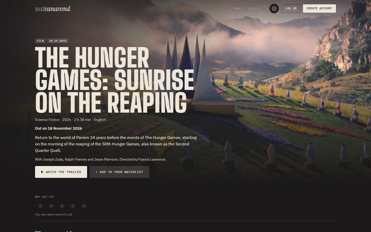 The Watvanavond page for The Hunger Games: Sunrise on the Reaping: the title over a mountain still, release date, plot, cast and trailer and watchlist buttons