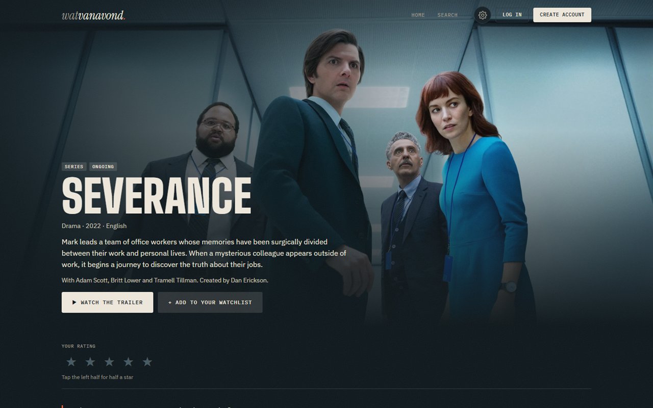 The Watvanavond page for the series Severance: the cast in a white office corridor, plot, trailer and watchlist buttons and rating stars